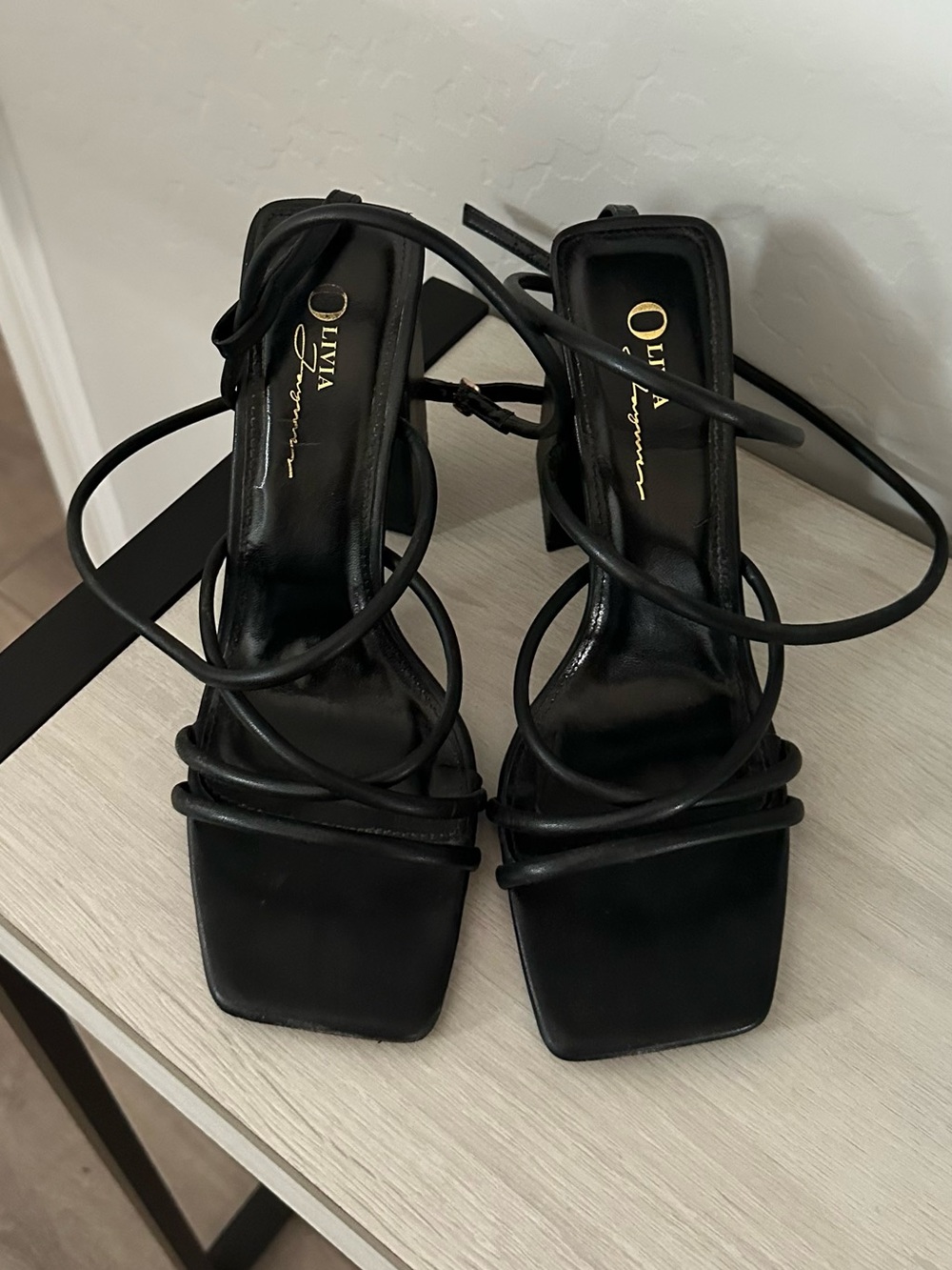 Olivia Cameron Black Strappy Square-Toe Heels